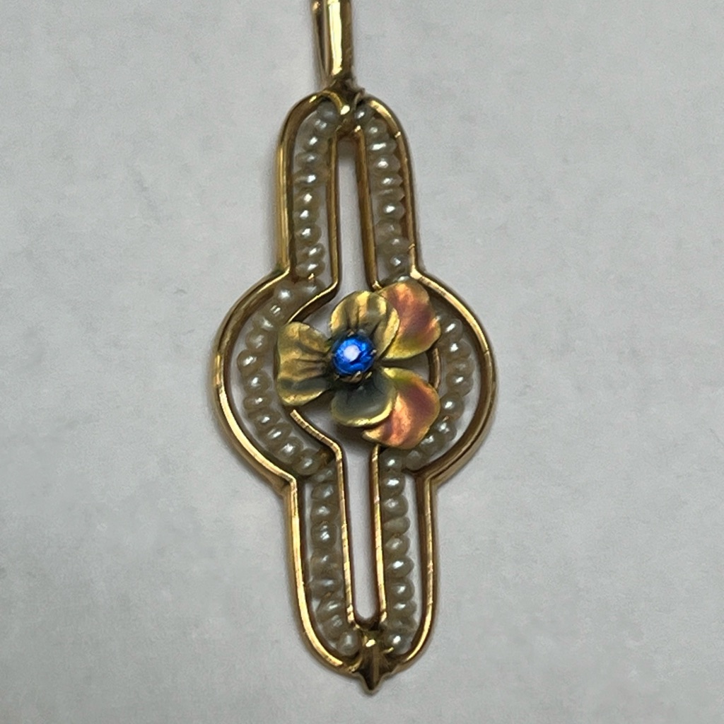 Gold 10 Kt Art Nouveau Pansy Flower Pendant With Blue Center Womens Jewelry